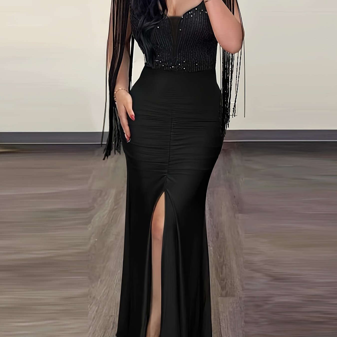 Elegant Fitted Tassel Dress for Women - Spring/Summer Bodycon Style   OAXG Black / S
