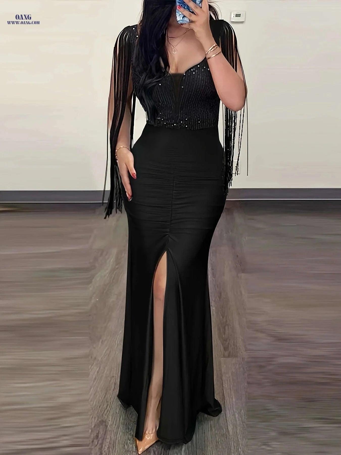 Elegant Fitted Tassel Dress for Women - Spring/Summer Bodycon Style   OAXG Black / S