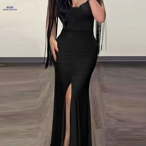Elegant Fitted Tassel Dress for Women - Spring/Summer Bodycon Style   OAXG Black / S