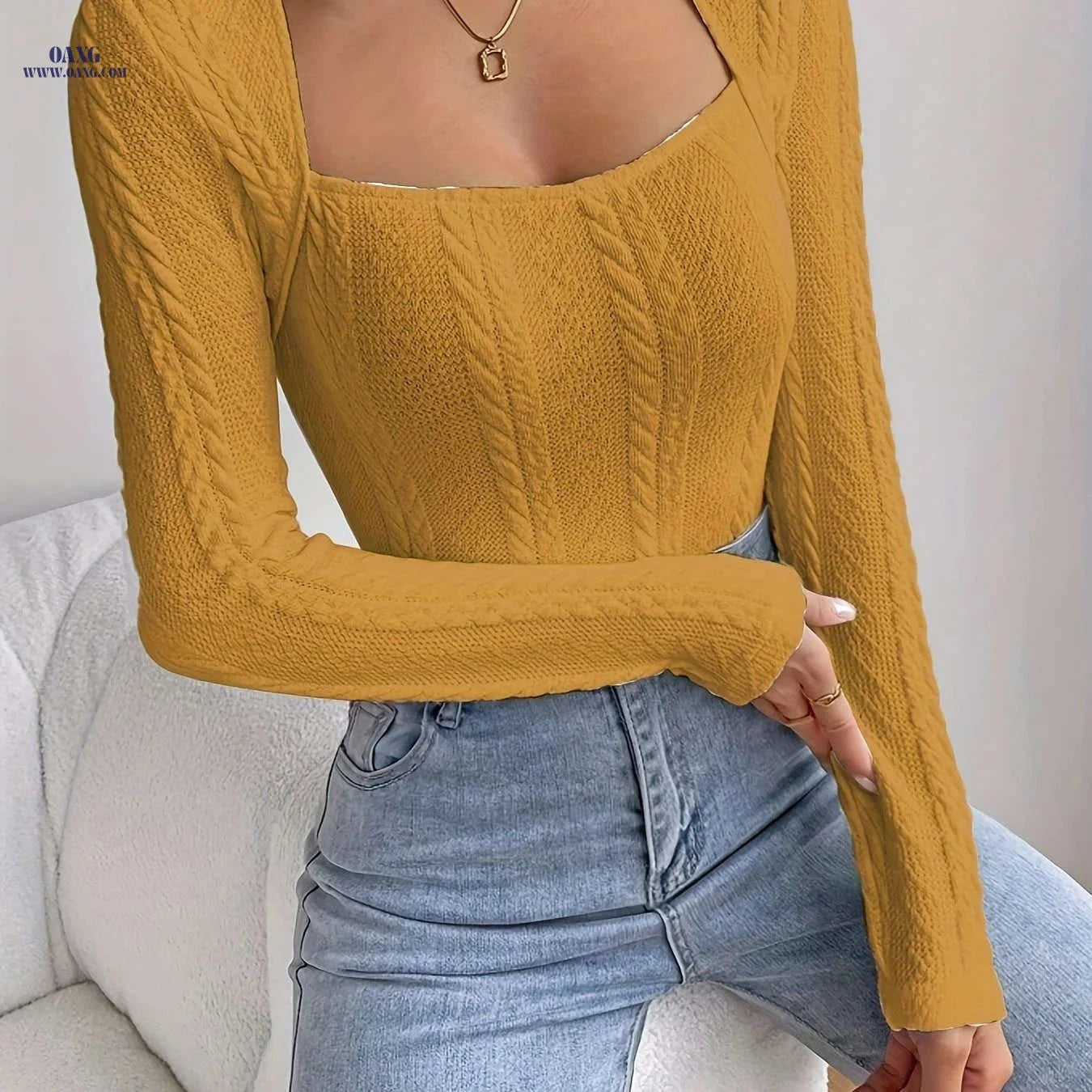 Elegant Fitted Top for Fall/Winter - 95% Polyester, Square Neck   OAXG 