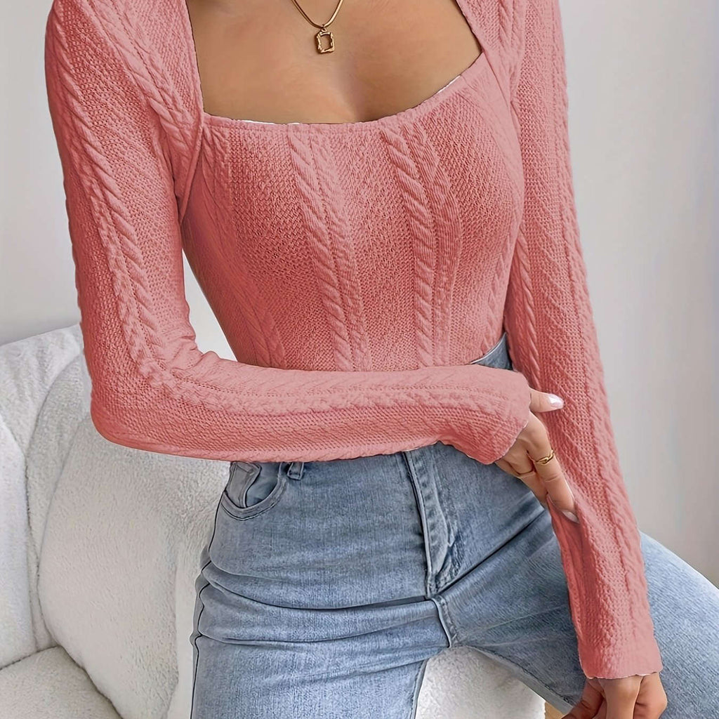 Elegant Fitted Top for Fall/Winter - 95% Polyester, Square Neck   OAXG 