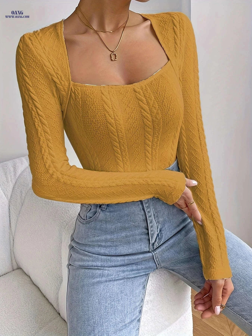 Elegant Fitted Top for Fall/Winter - 95% Polyester, Square Neck   OAXG 