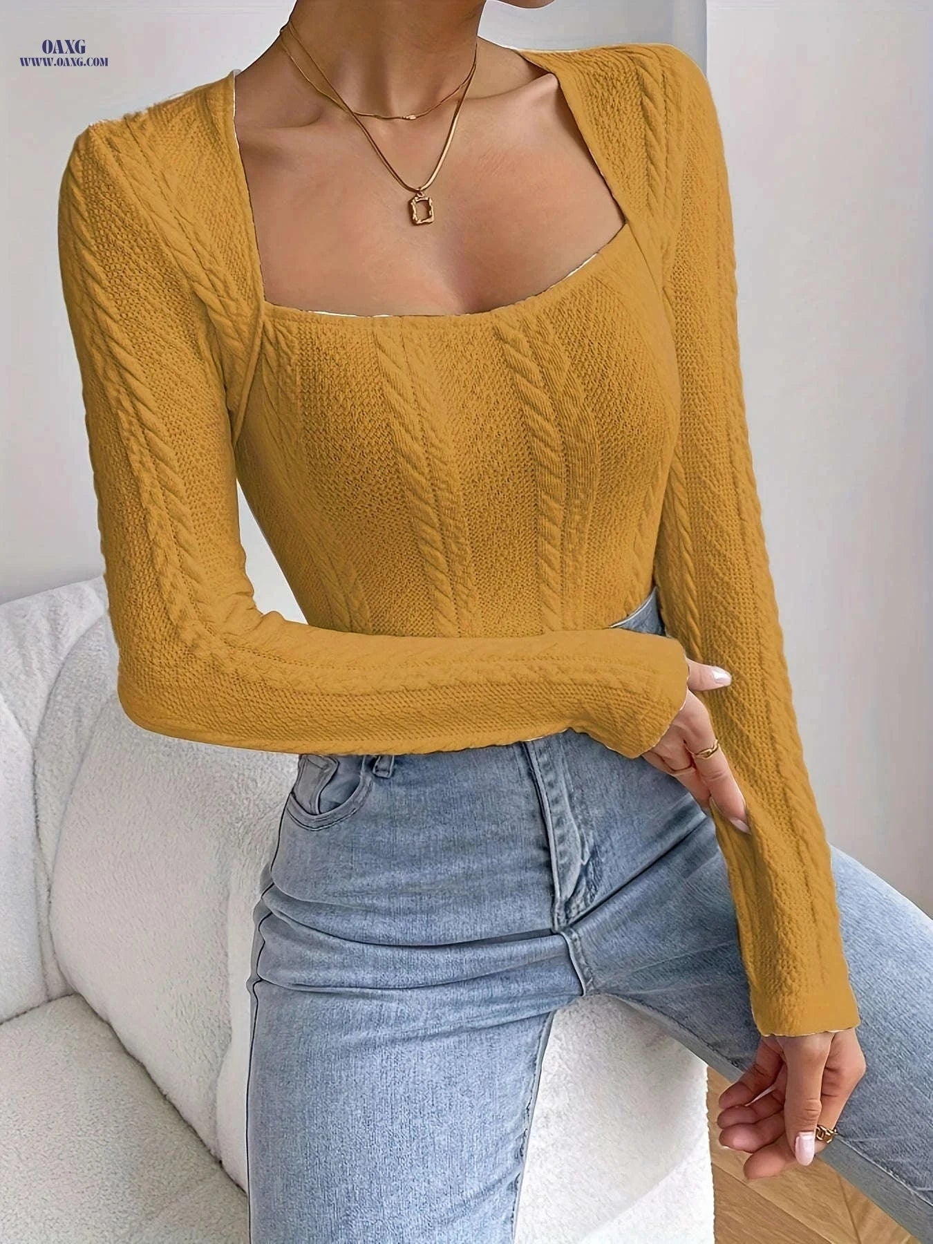 Elegant Fitted Top for Fall/Winter - 95% Polyester, Square Neck   OAXG 