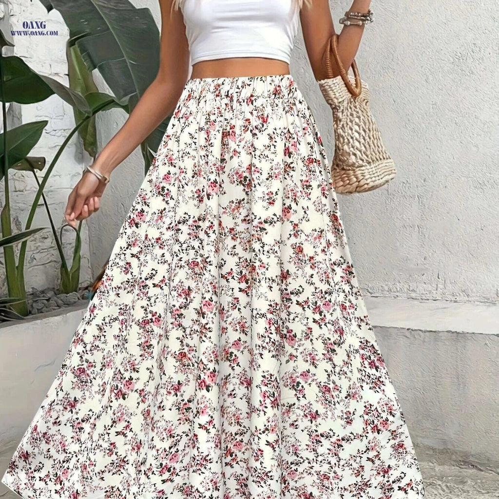 Elegant Floral A-Line Skirt - Lightweight & Machine Washable for All Seasons   OAXG 