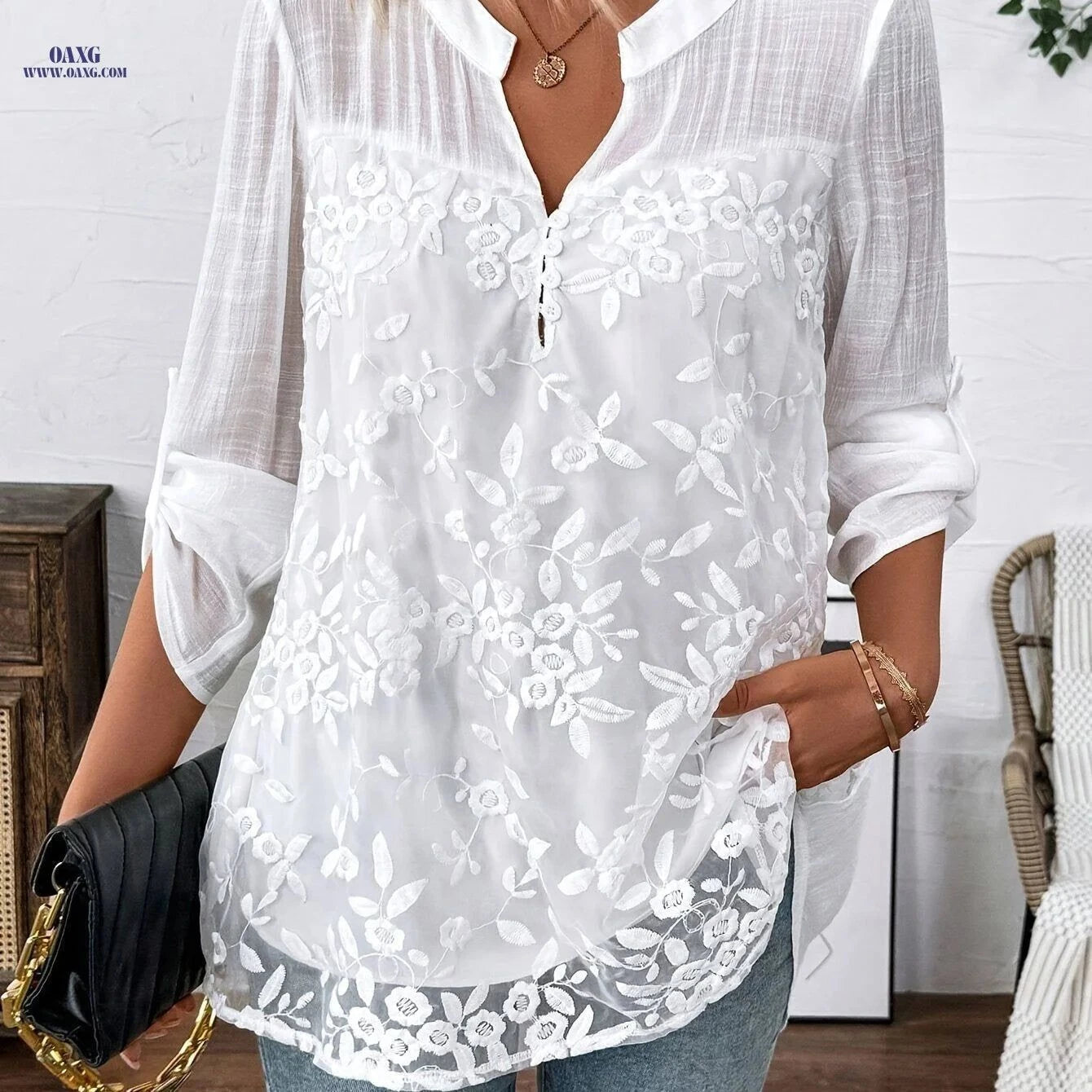Elegant Floral Embroidered Long Sleeve Top - Perfect for Spring & Autumn   OAXG White / S