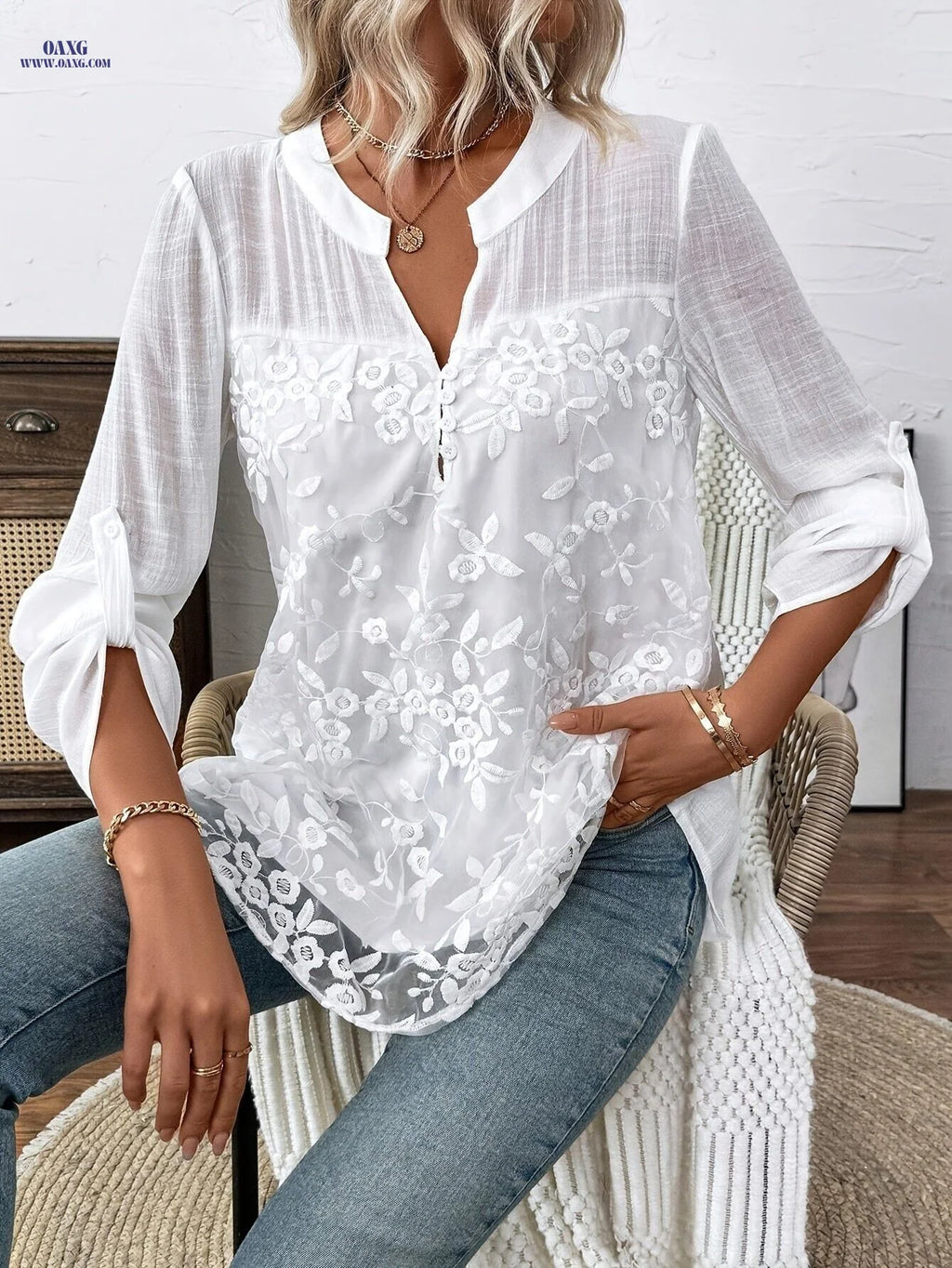 Women'S Elegant Floral Embroidered Long Sleeve Top - 100%, Lace Detail, Round Neck Design, Perfect for Spring And Autumn Wear, Casual Wear | Floral Print Top | Fabric   OAXG White / S