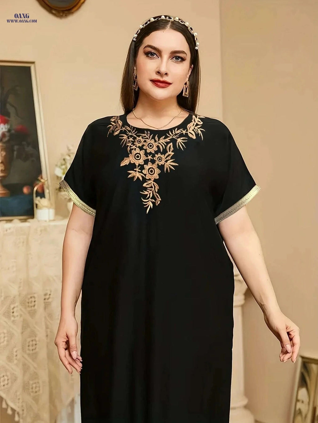 Elegant Floral Embroidered Maxi Dress - Short Sleeve Women's Fashion   OAXG 