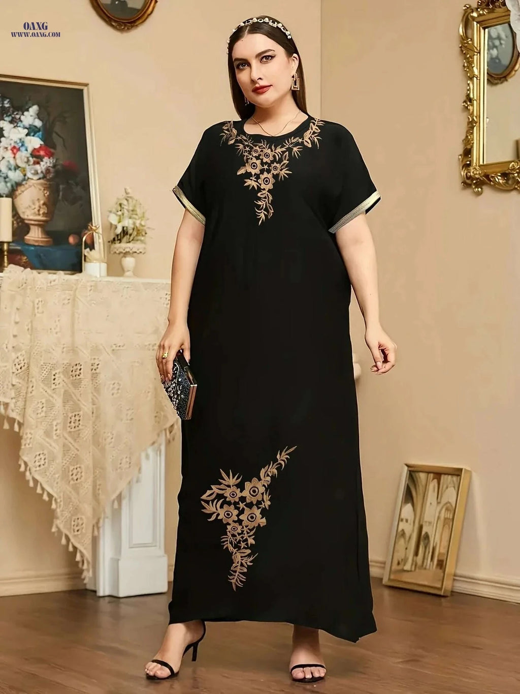 Elegant Floral Embroidered Maxi Dress - Short Sleeve Women's Fashion   OAXG 
