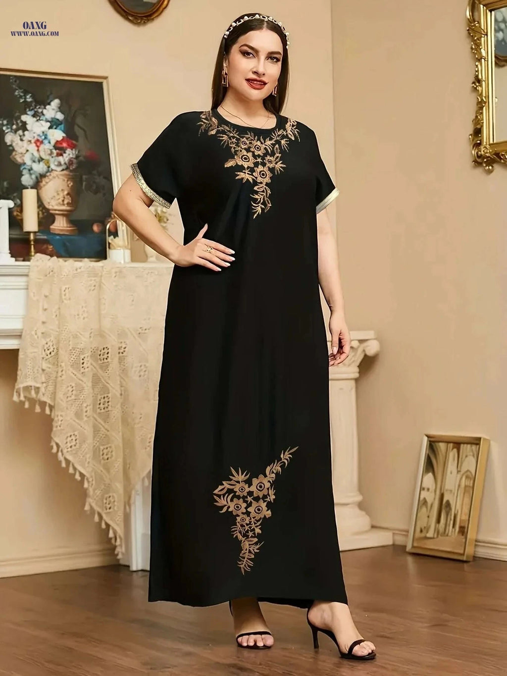 Elegant Floral Embroidered Maxi Dress - Short Sleeve Women's Fashion   OAXG Black / S