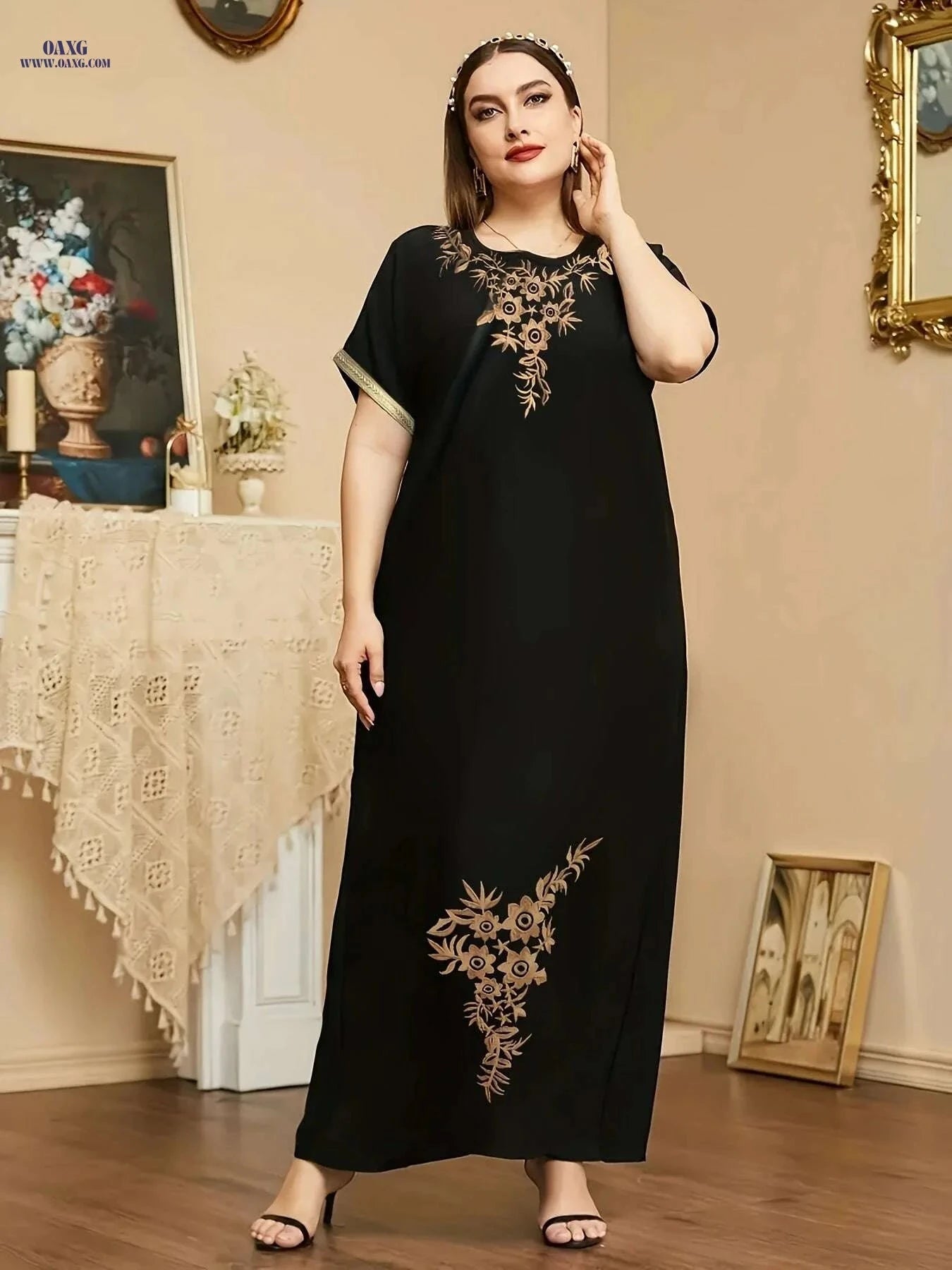 Elegant Floral Embroidered Maxi Dress - Short Sleeve Women's Fashion   OAXG Black / S