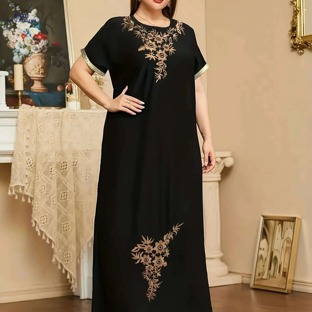 Elegant Floral Embroidered Maxi Dress - Short Sleeve Women's Fashion   OAXG Black / S