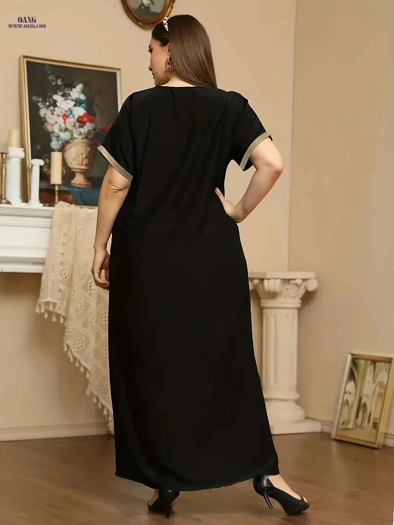 Elegant Floral Embroidered Maxi Dress - Short Sleeve Women's Fashion   OAXG 