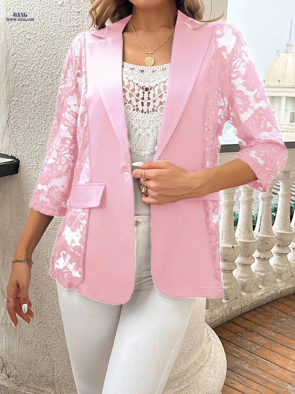 Elegant Floral Lace Open Front Blazer - Women's 3/4 Sleeve   OAXG 