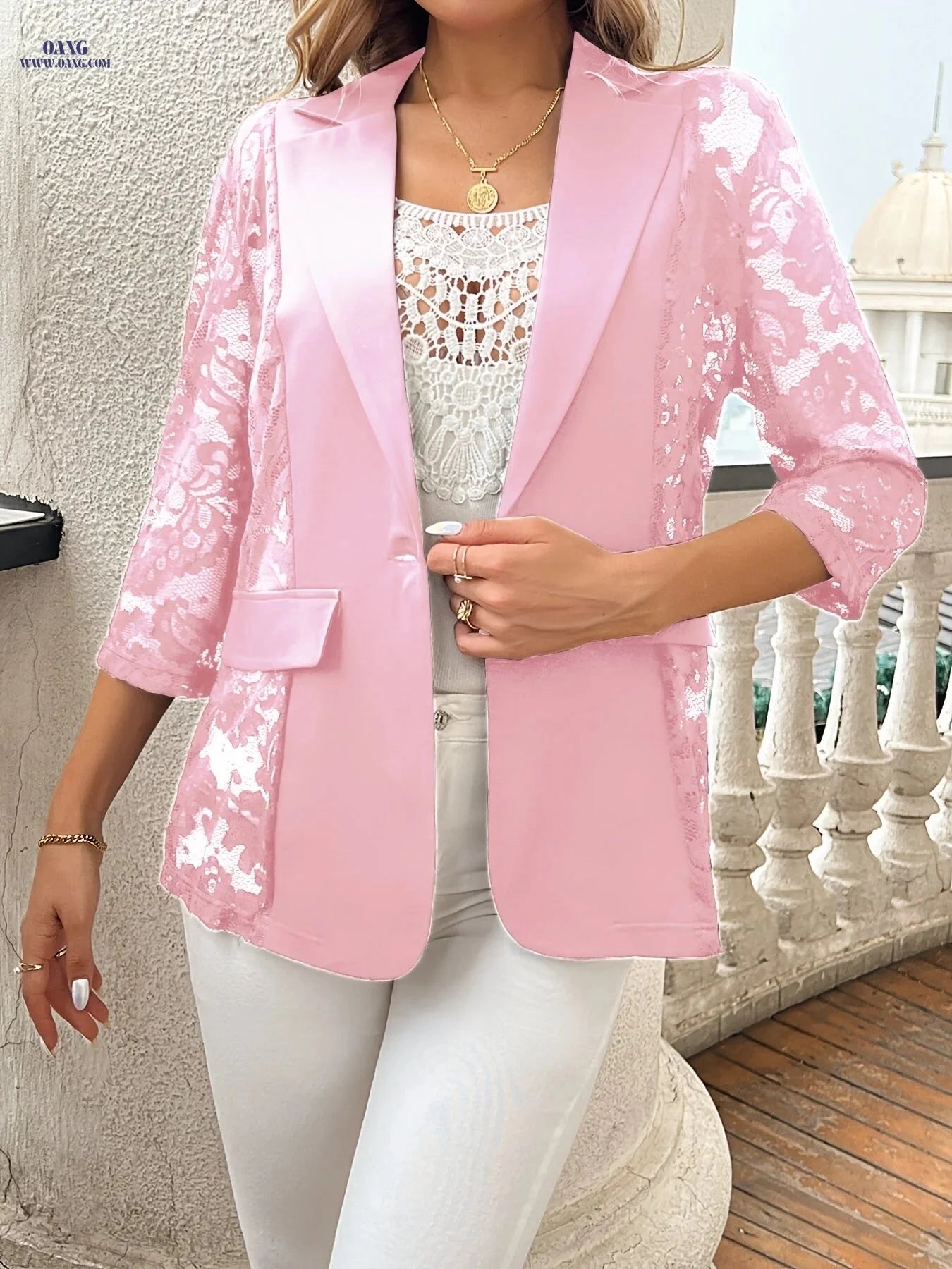 Elegant Floral Lace Open Front Blazer - Women's 3/4 Sleeve   OAXG 