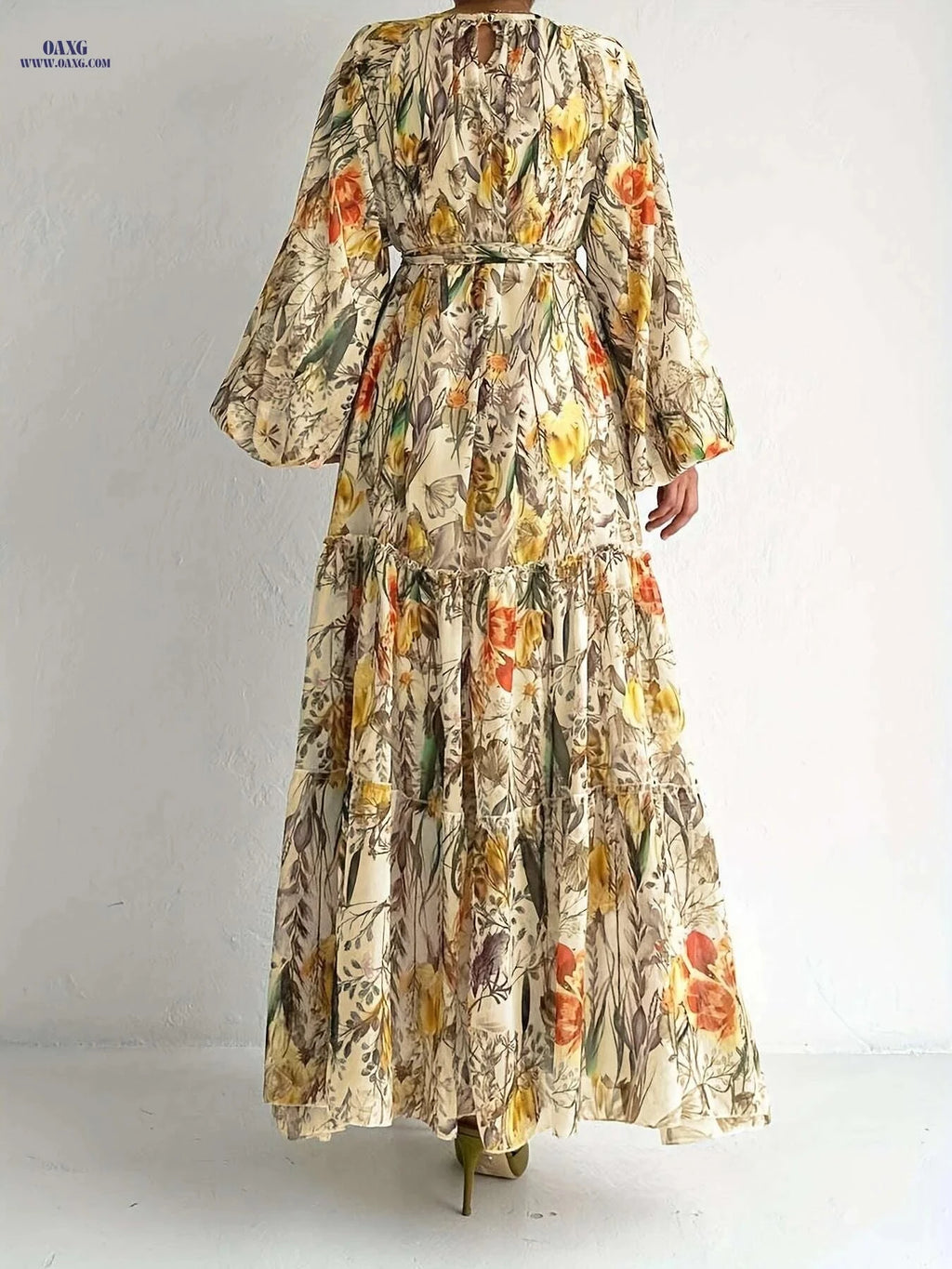 Elegant Floral Long Sleeve Kaftan Dress - Casual Maxi for All Seasons   OAXG 