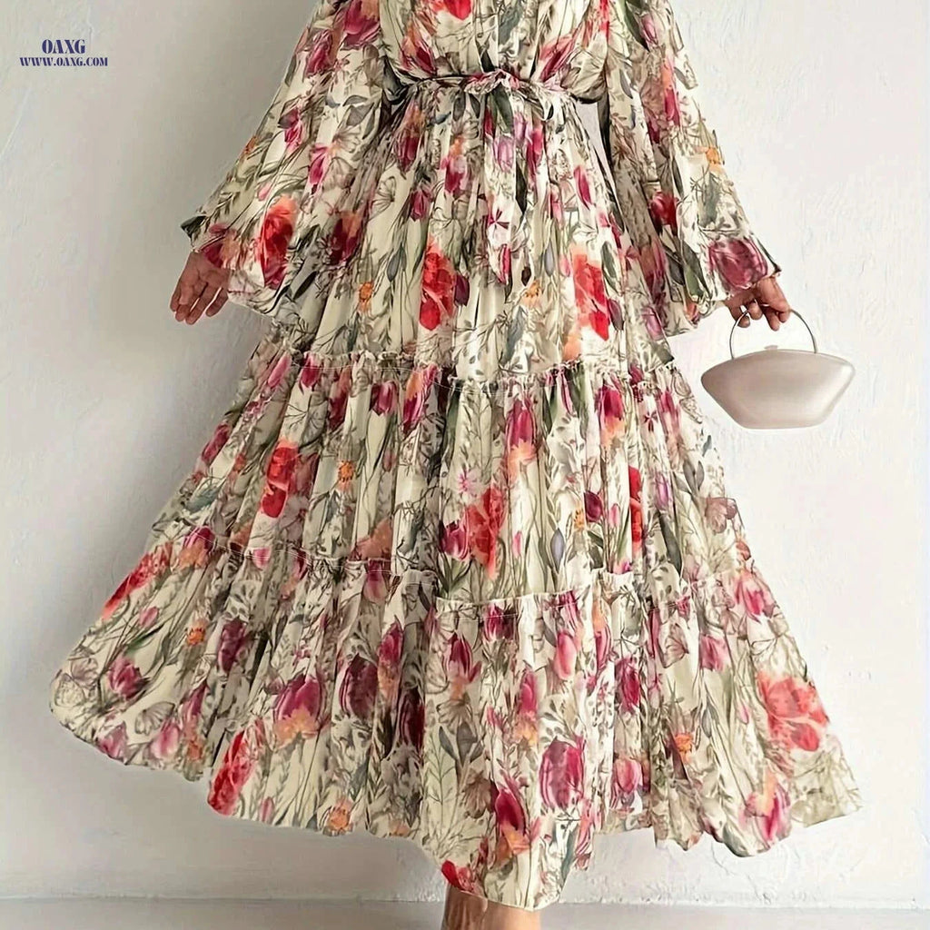 Elegant Floral Long Sleeve Kaftan Dress - Casual Maxi for All Seasons   OAXG 