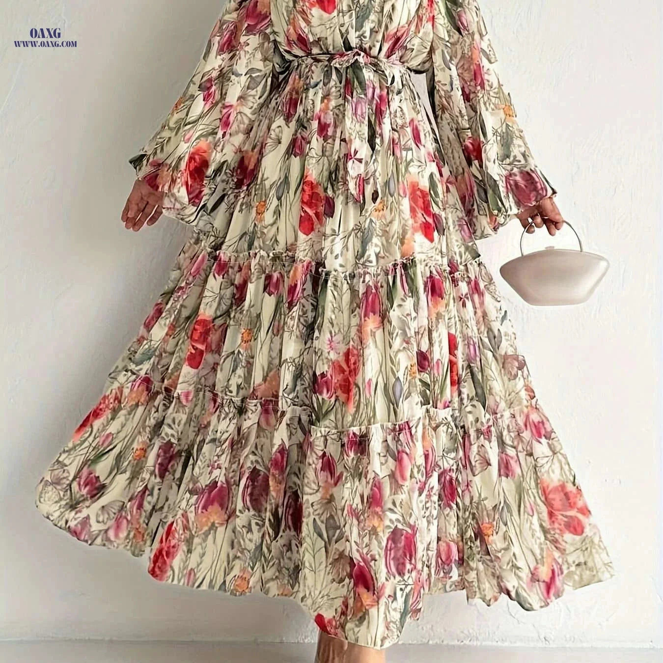 Elegant Floral Long Sleeve Kaftan Dress - Casual Maxi for All Seasons   OAXG 