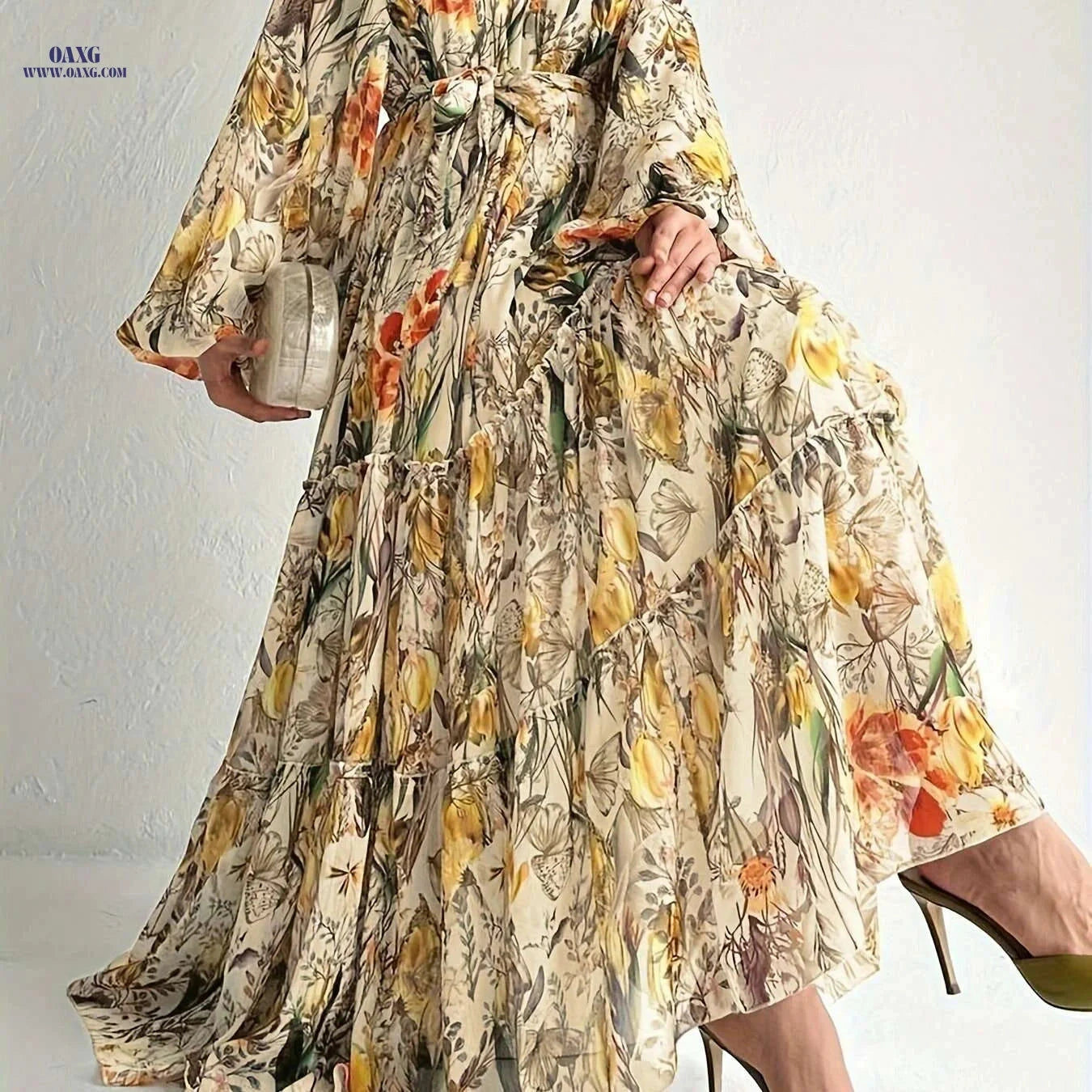 Elegant Floral Long Sleeve Kaftan Dress - Casual Maxi for All Seasons   OAXG 
