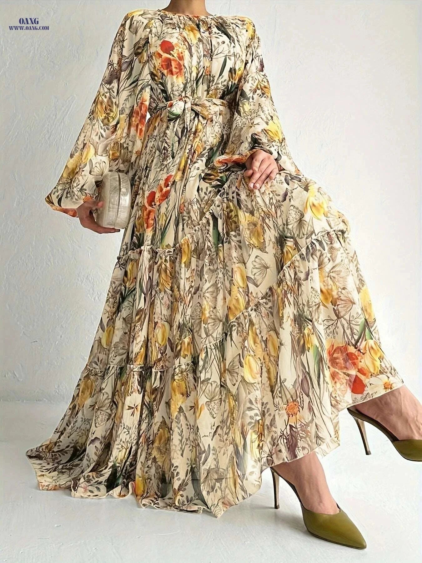 Elegant Floral Long Sleeve Kaftan Dress - Casual Maxi for All Seasons   OAXG Watermelon Red / S