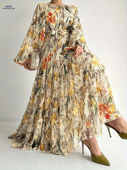 Elegant Floral Long Sleeve Kaftan Dress - Casual Maxi for All Seasons   OAXG Watermelon Red / S