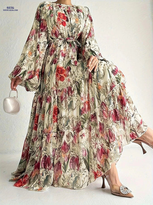 Elegant Floral Long Sleeve Kaftan Dress - Casual Maxi for All Seasons   OAXG Watermelon Red / S