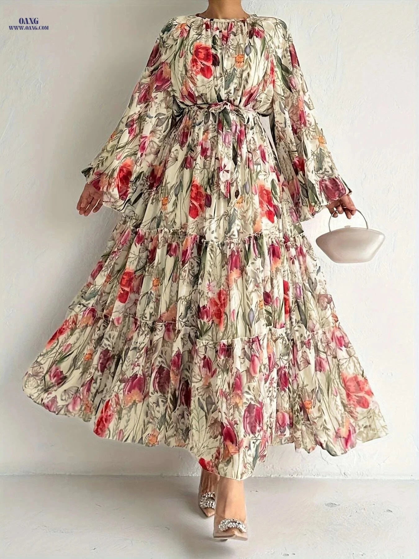 Elegant Floral Long Sleeve Kaftan Dress - Casual Maxi for All Seasons   OAXG Watermelon Red / S