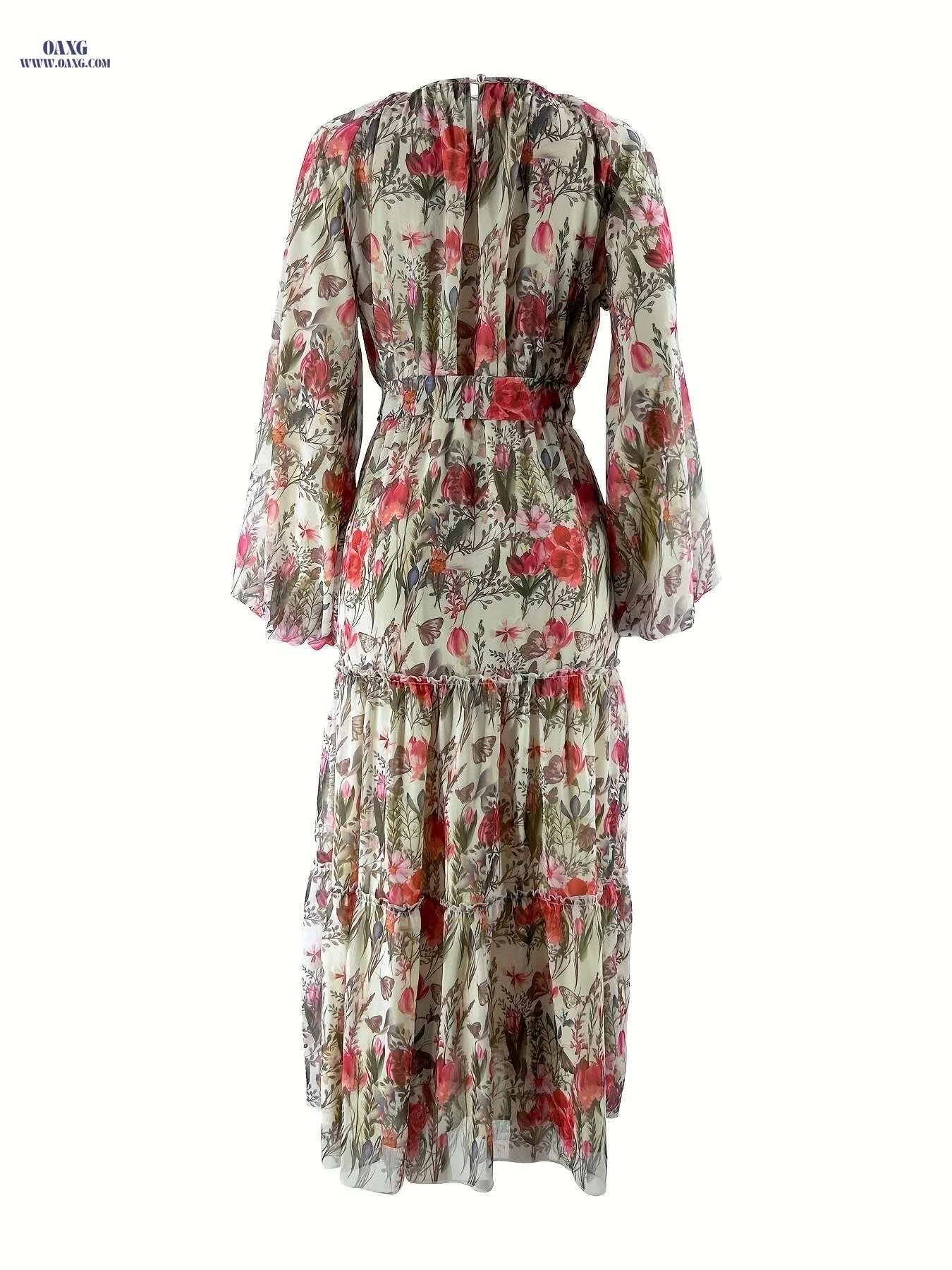 Elegant Floral Long Sleeve Kaftan Dress - Casual Maxi for All Seasons   OAXG Watermelon Red / S