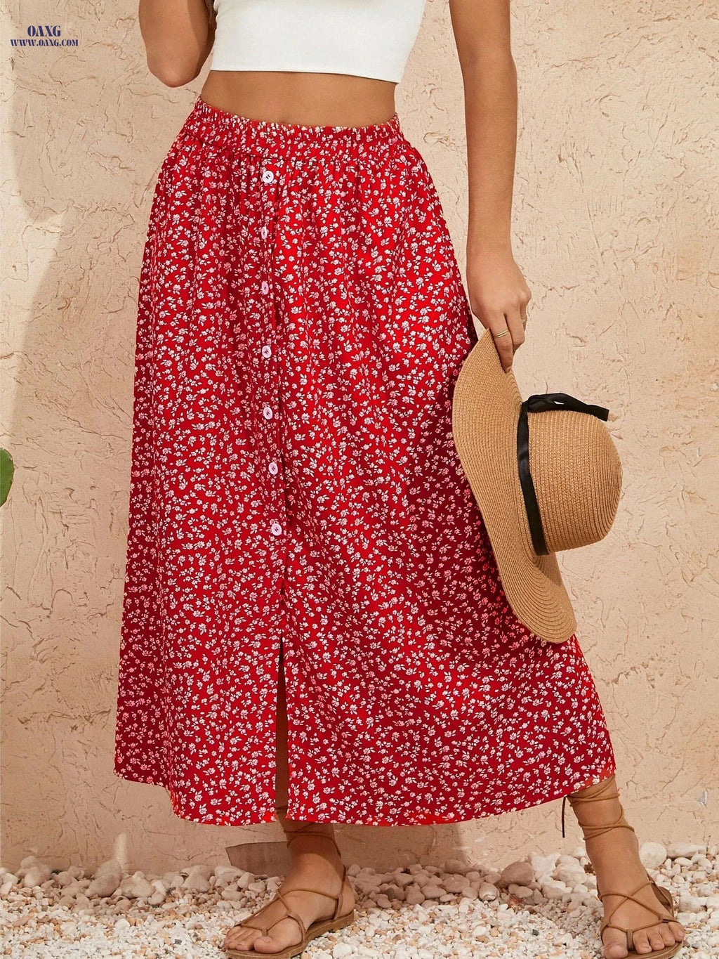 Elegant Floral Maxi Skirt for Women - High Waist A-Line Fashion   OAXG Red / S