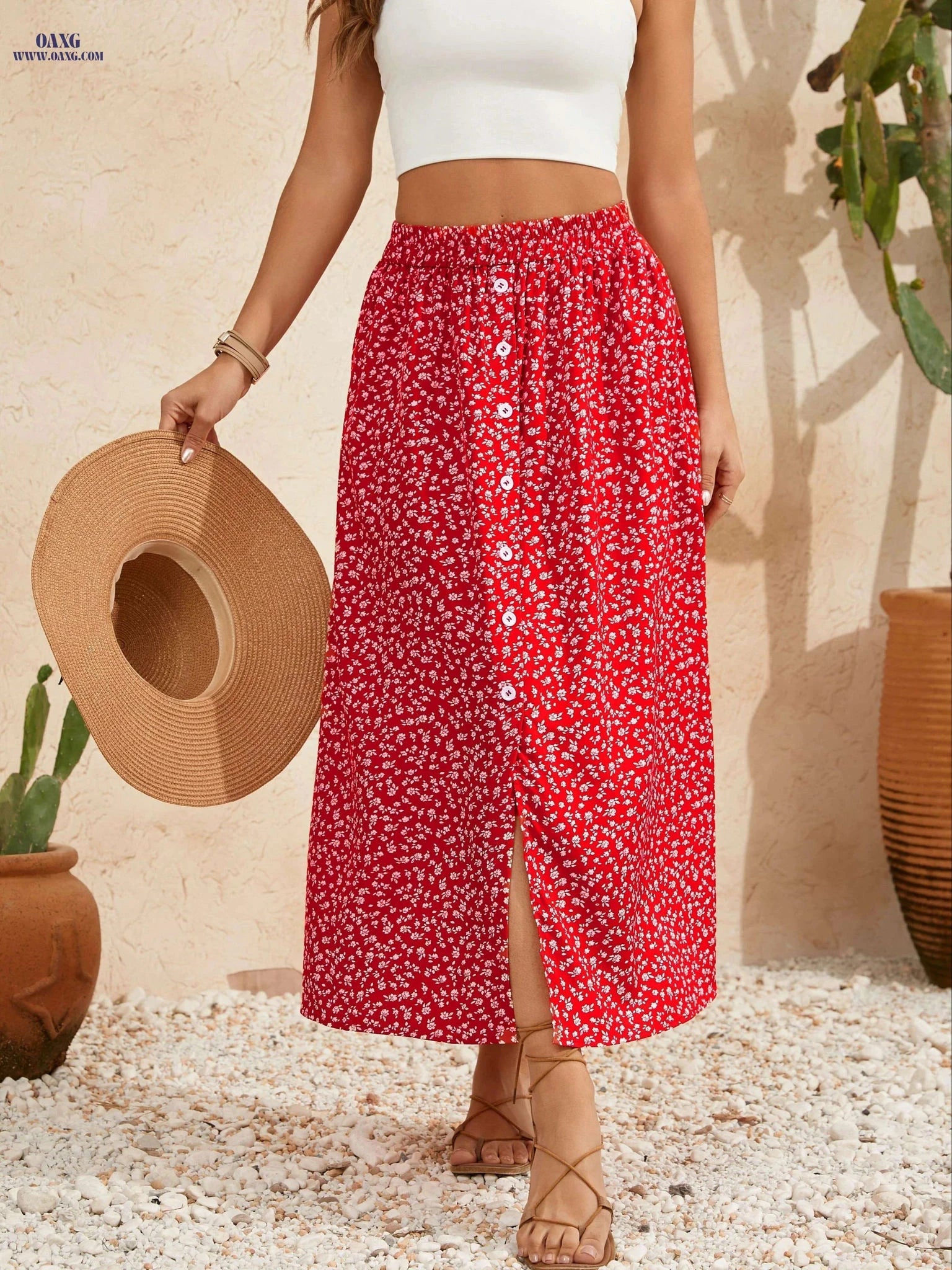 Elegant Floral Maxi Skirt for Women - High Waist A-Line Fashion   OAXG Red / S