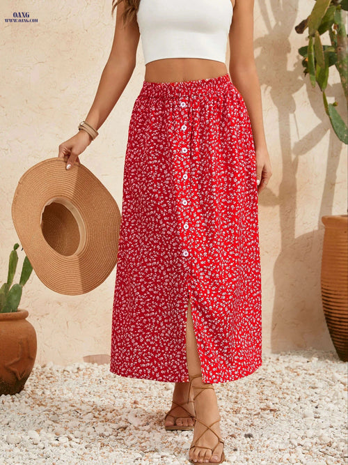 Elegant Floral Maxi Skirt for Women - High Waist A-Line Fashion   OAXG Red / S