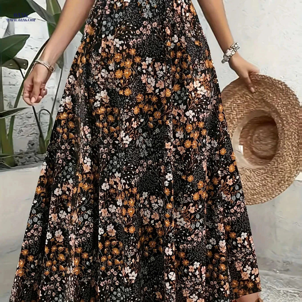 Elegant Floral Midi Skirt for Women - Geometric Pattern, All-Season   OAXG 