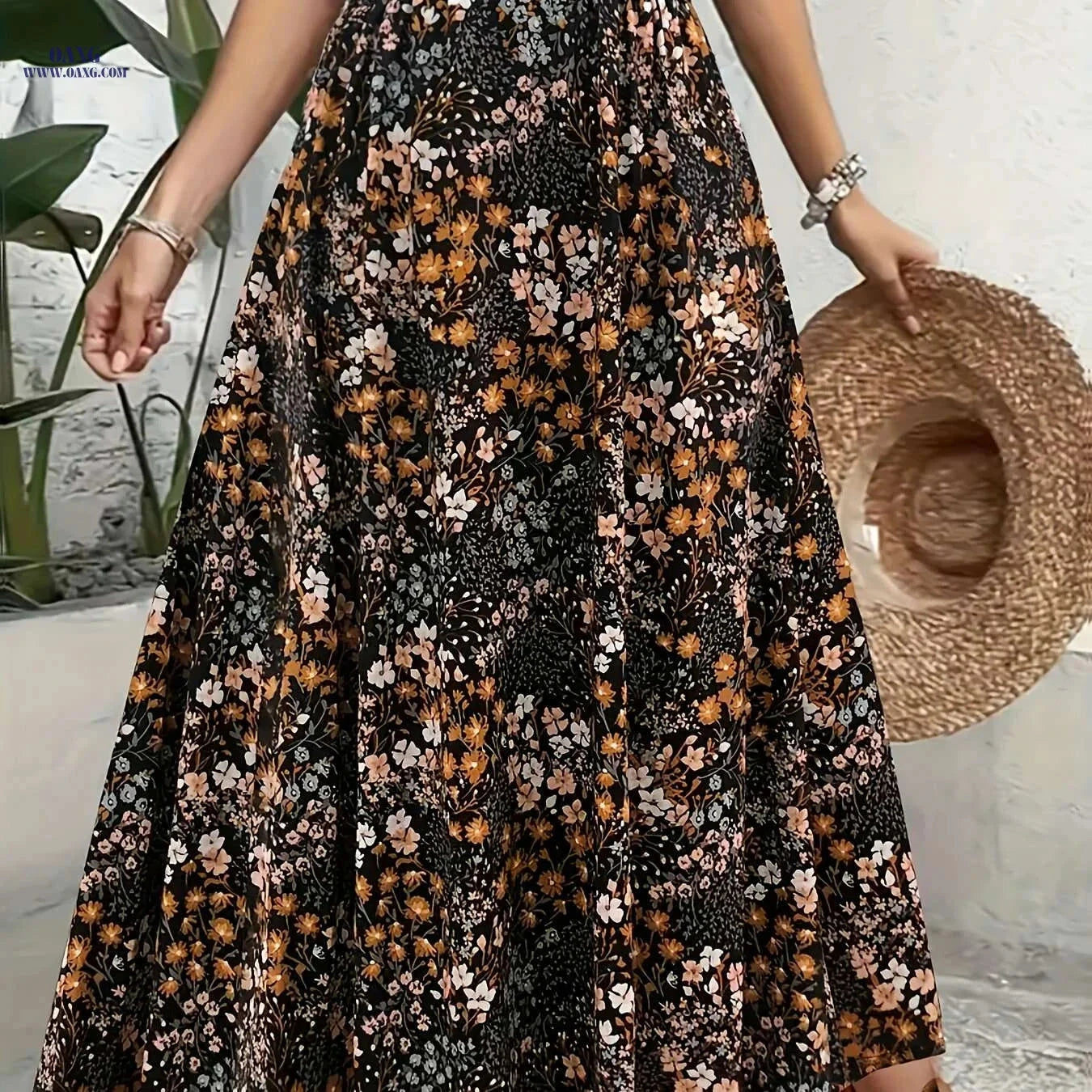 Elegant Floral Midi Skirt for Women - Geometric Pattern, All-Season   OAXG 