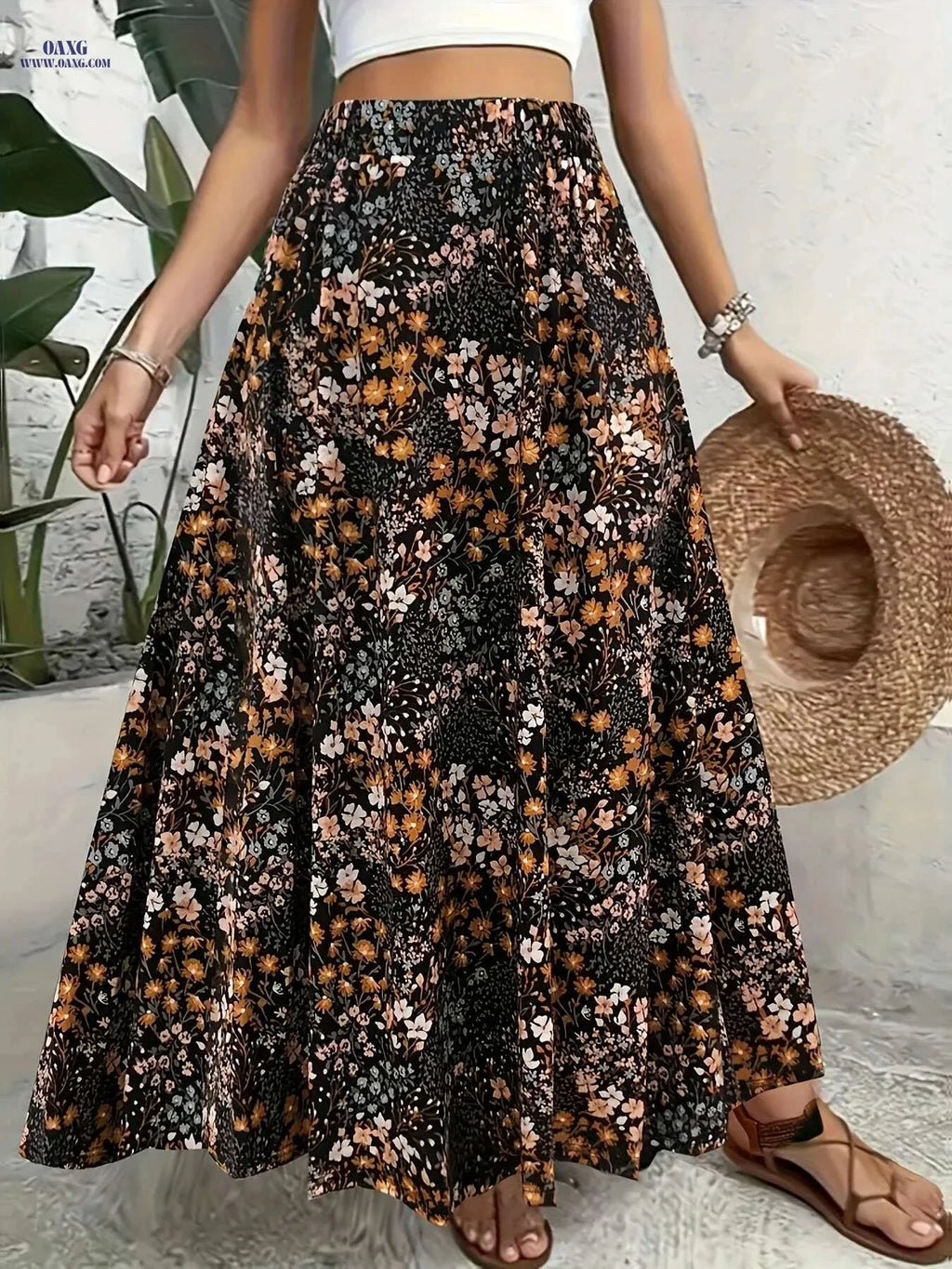 Elegant Floral Midi Skirt for Women - Geometric Pattern, All-Season   OAXG Multicolor / S