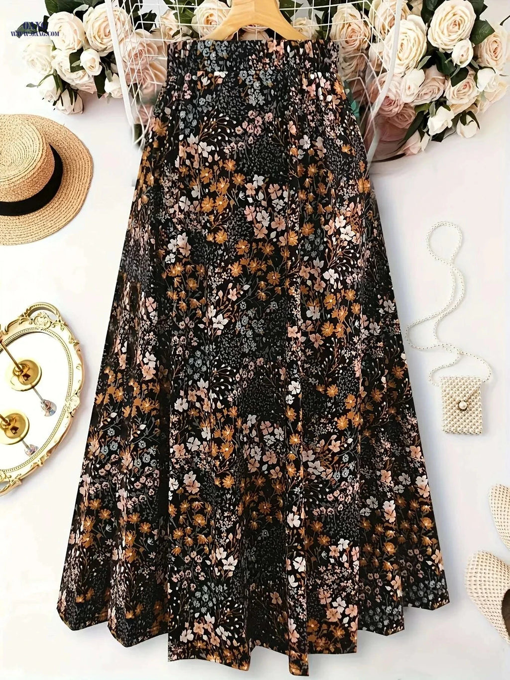 Elegant Floral Midi Skirt for Women - Geometric Pattern, All-Season   OAXG Multicolor / S