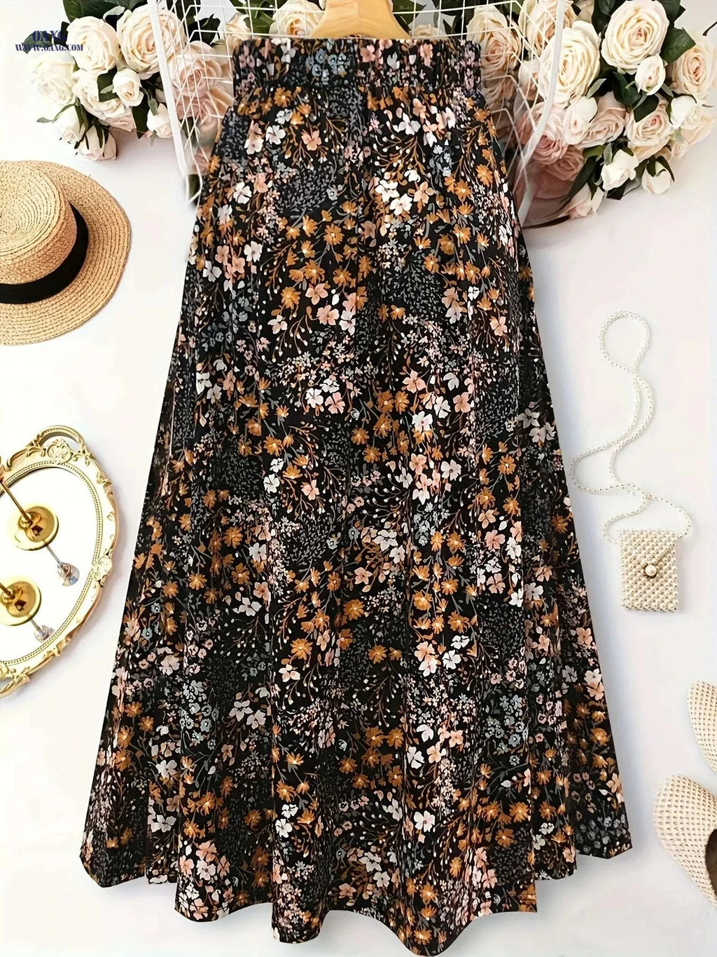 Elegant Floral Midi Skirt for Women - Geometric Pattern, All-Season   OAXG 