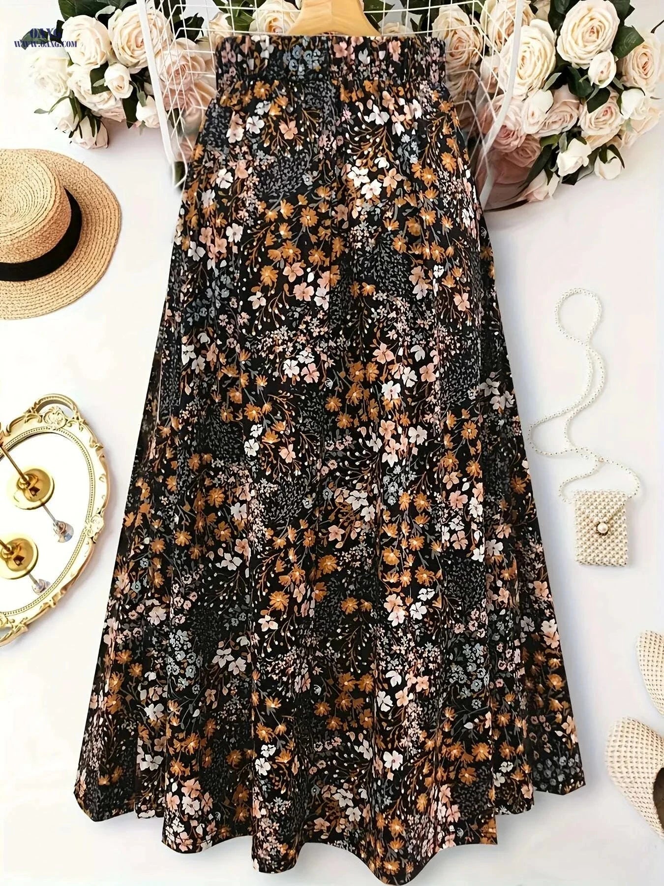Elegant Floral Midi Skirt for Women - Geometric Pattern, All-Season   OAXG 