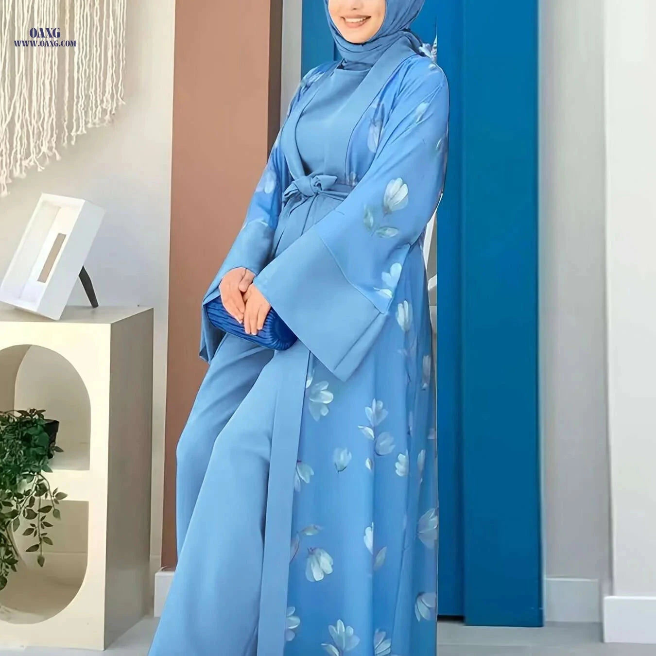 Elegant Floral Muslim Print Jumpsuit Set - Casual Long Sleeve Women’s Outfit   OAXG Ocean Green / S