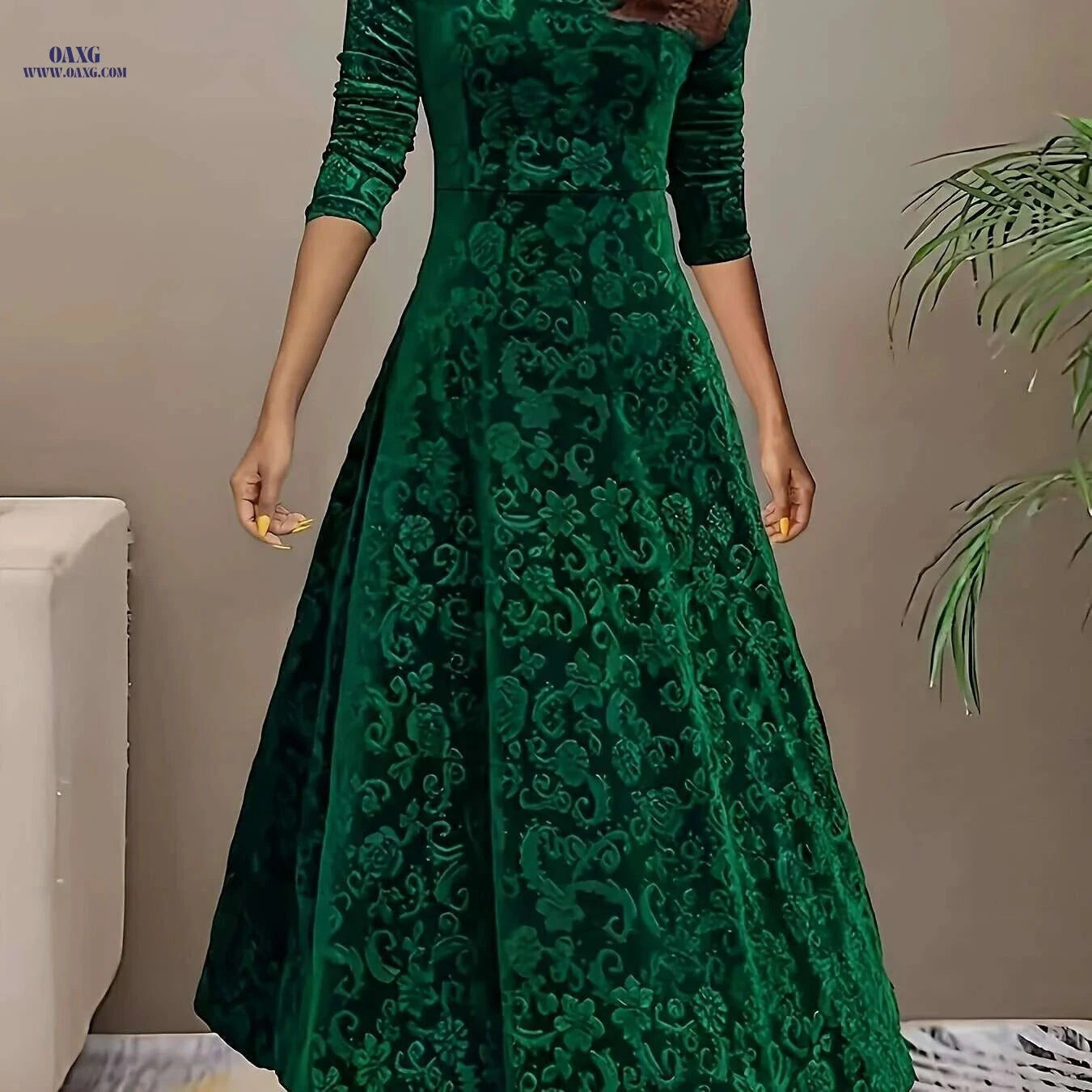 Elegant Floral Pattern Velvet Dress - Women's Long Sleeve Swing Dress   OAXG Dark Red-A / S
