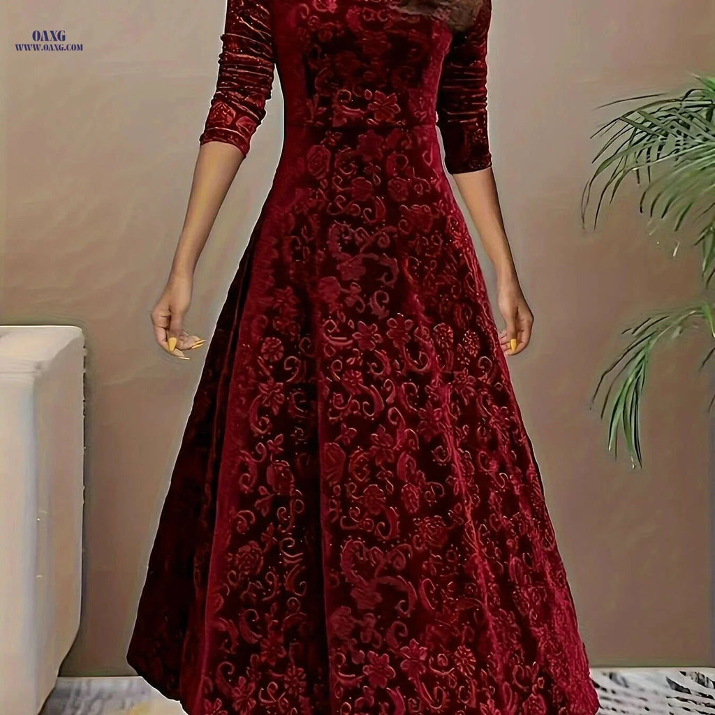 Elegant Floral Pattern Velvet Dress - Women's Long Sleeve Swing Dress   OAXG Dark Red-A / S
