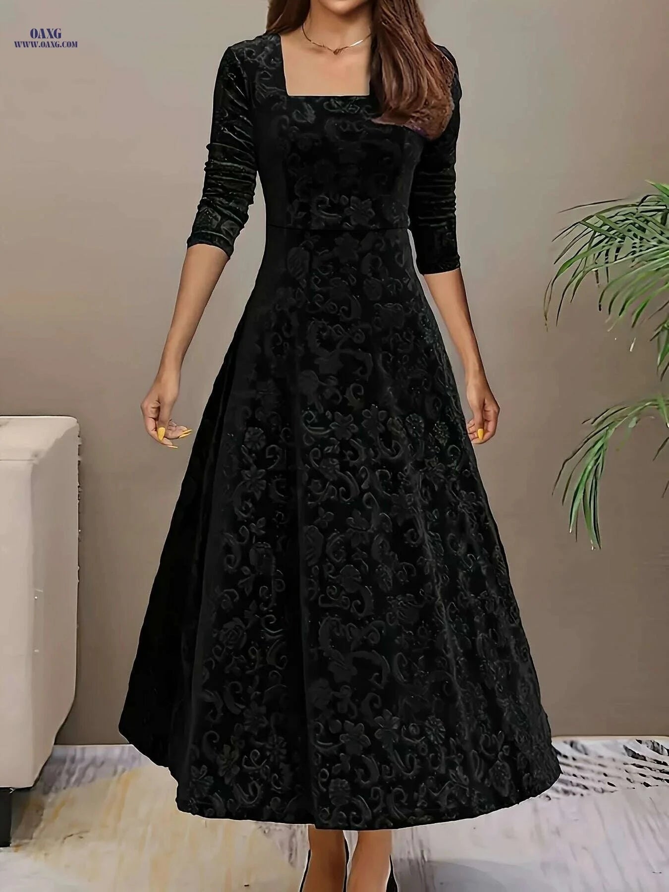 Elegant Floral Pattern Velvet Dress - Women's Long Sleeve Swing Dress   OAXG Dark Red-A / S