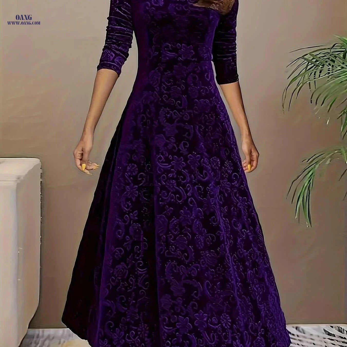 Elegant Floral Pattern Velvet Dress - Women's Long Sleeve Swing Dress   OAXG Dark Red-A / S