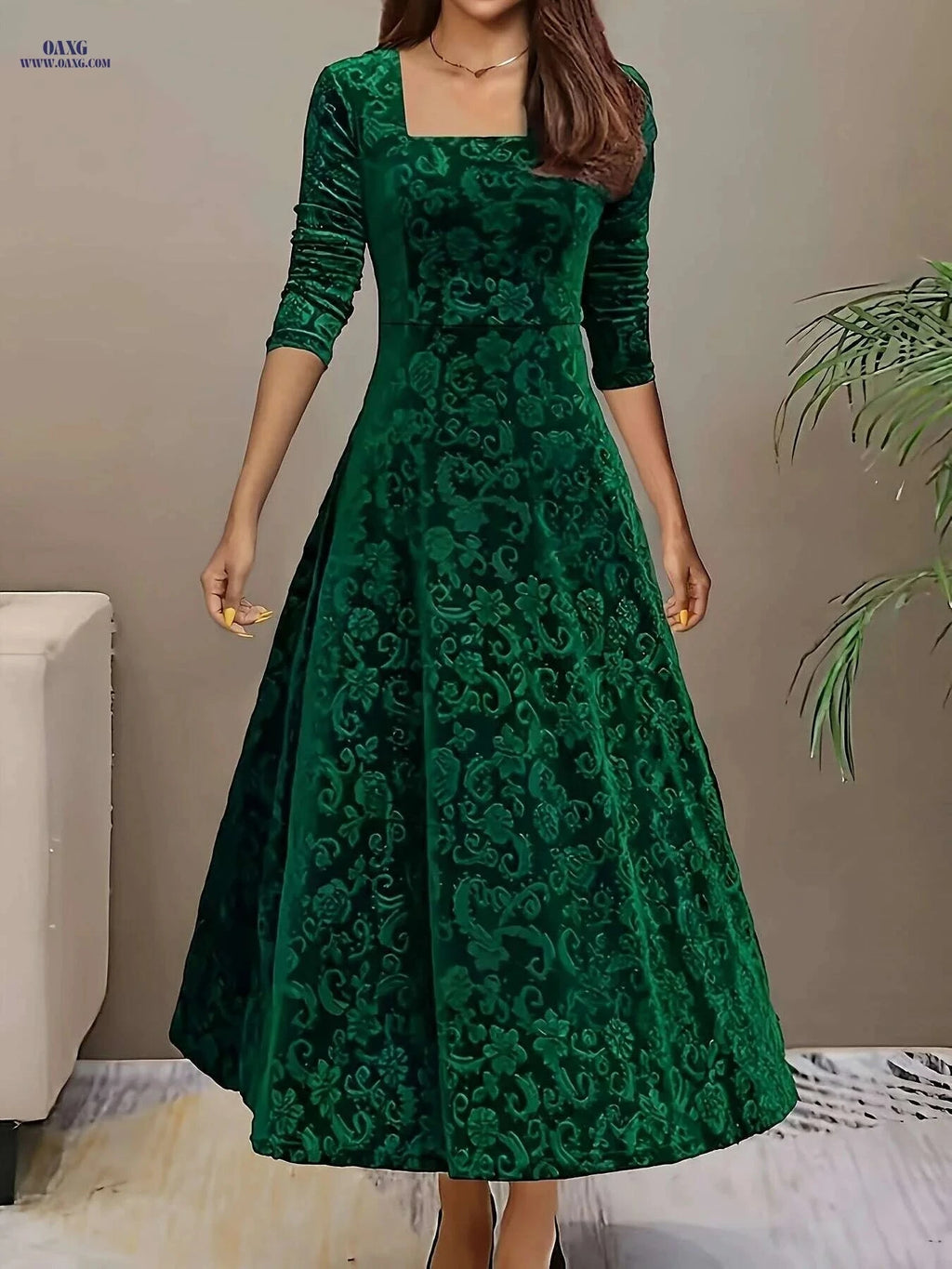Elegant Floral Pattern Velvet Dress - Women's Long Sleeve Swing Dress   OAXG Dark Red-A / S