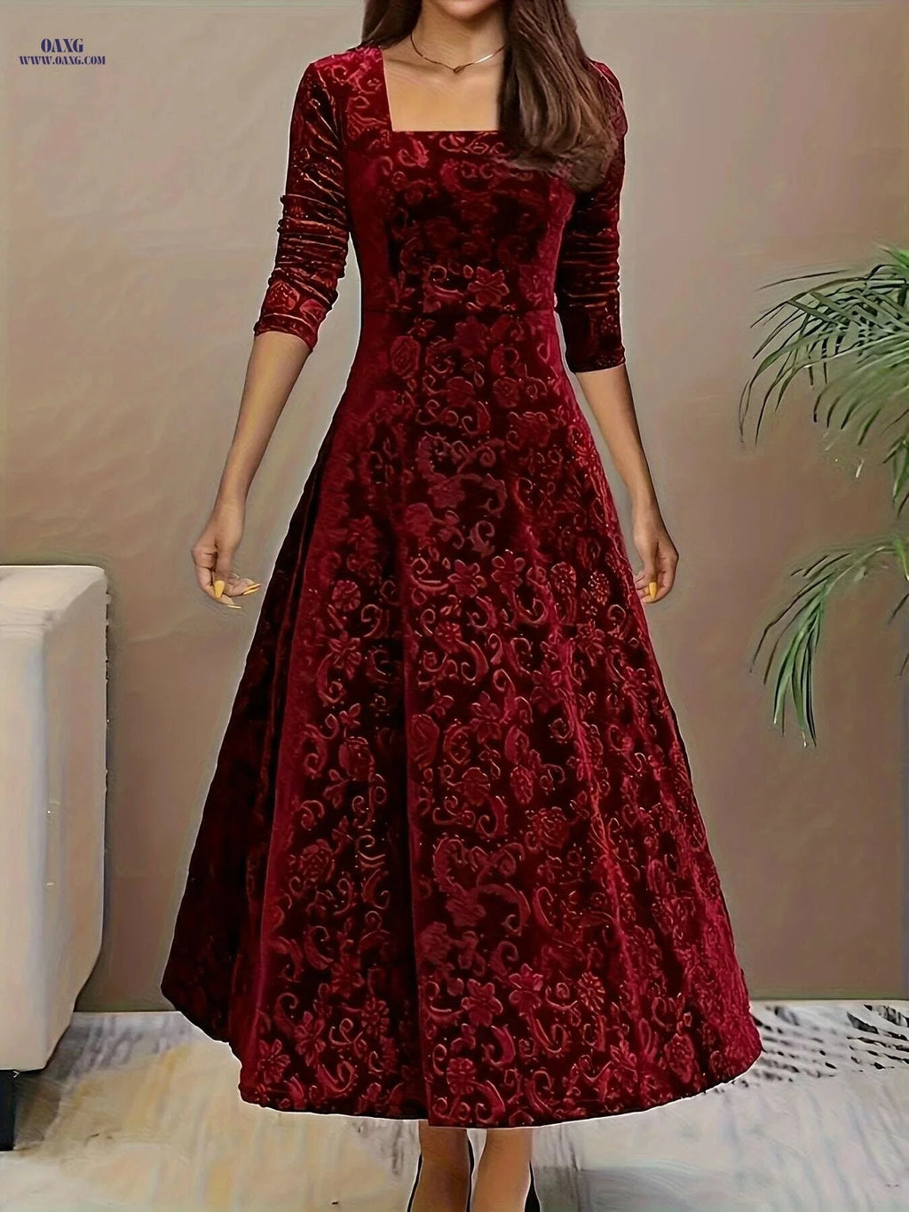 Elegant Floral Pattern Velvet Dress - Women's Long Sleeve Swing Dress   OAXG Dark Red-A / S