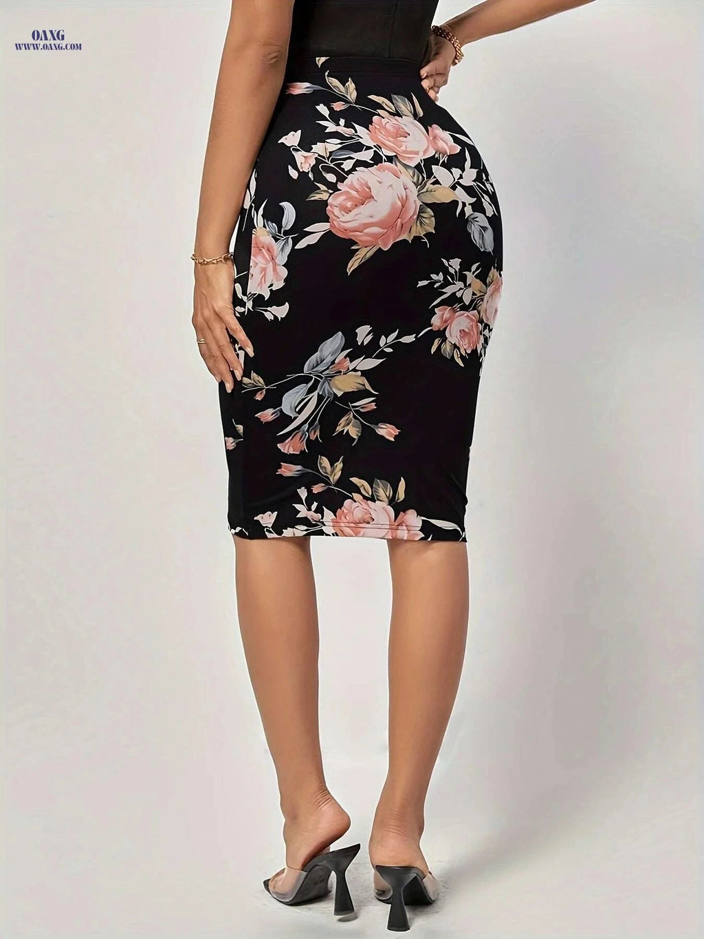 Elegant Floral Pencil Skirt - Stretchy Women's Mid-Weight Fabric   OAXG 