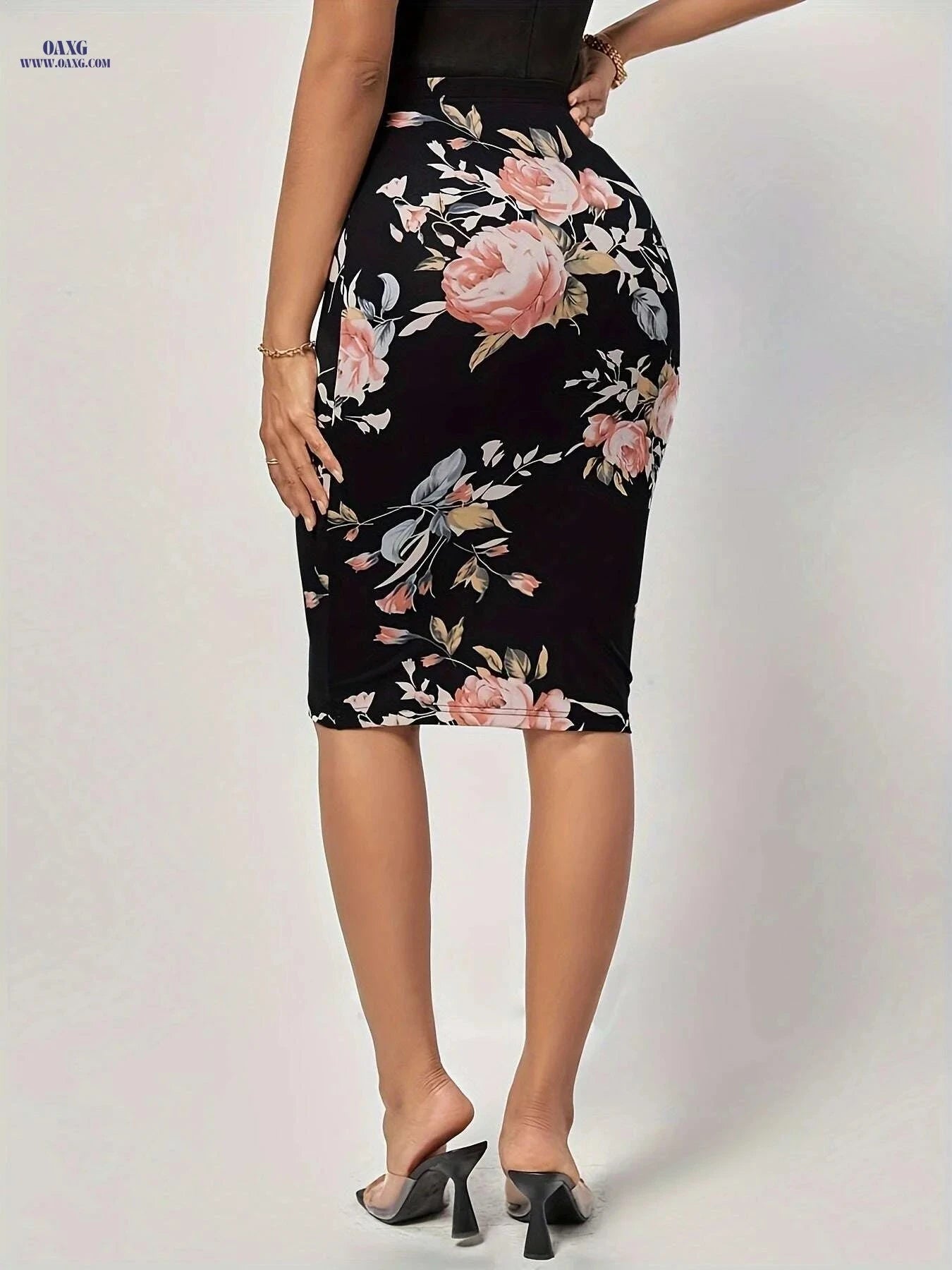 Elegant Floral Pencil Skirt - Stretchy Women's Mid-Weight Fabric   OAXG 
