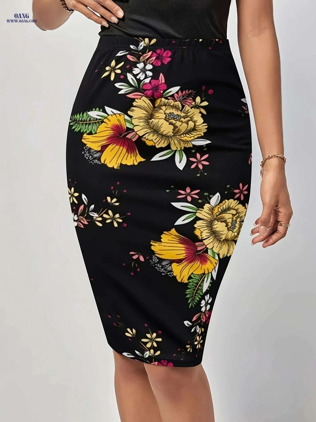Elegant Floral Pencil Skirt - Stretchy Women's Mid-Weight Fabric   OAXG Black / S