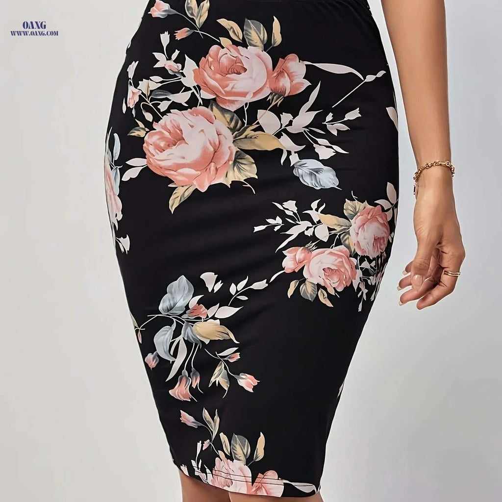 Elegant Floral Pencil Skirt - Stretchy Women's Mid-Weight Fabric   OAXG 