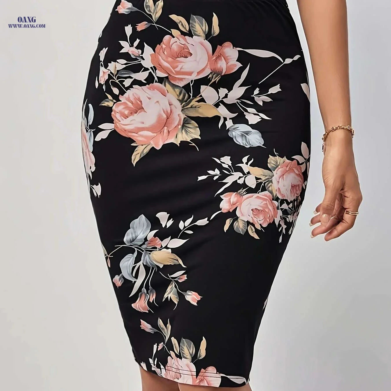 Elegant Floral Pencil Skirt - Stretchy Women's Mid-Weight Fabric   OAXG 