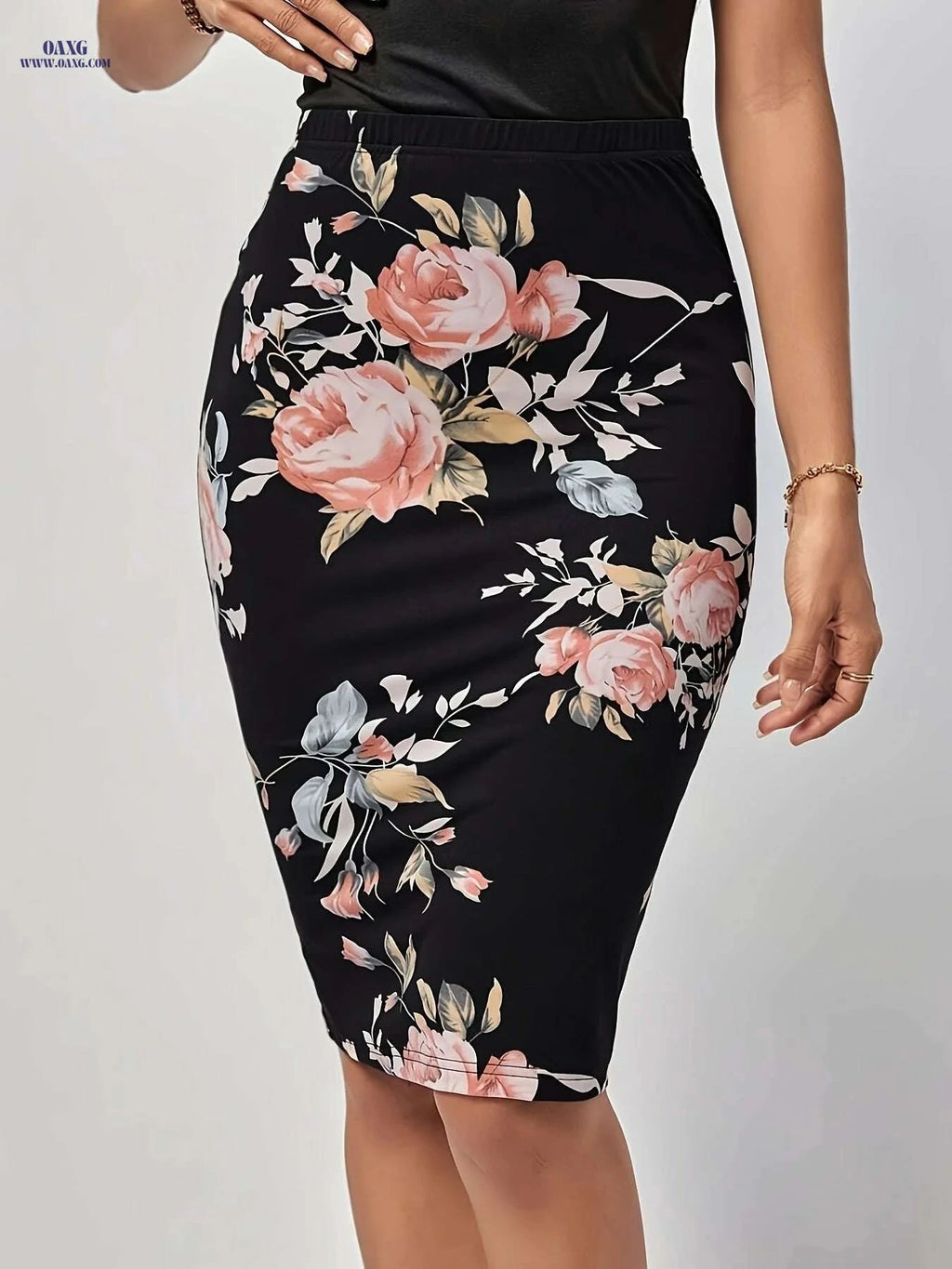 Elegant Floral Pencil Skirt - Stretchy Women's Mid-Weight Fabric   OAXG 