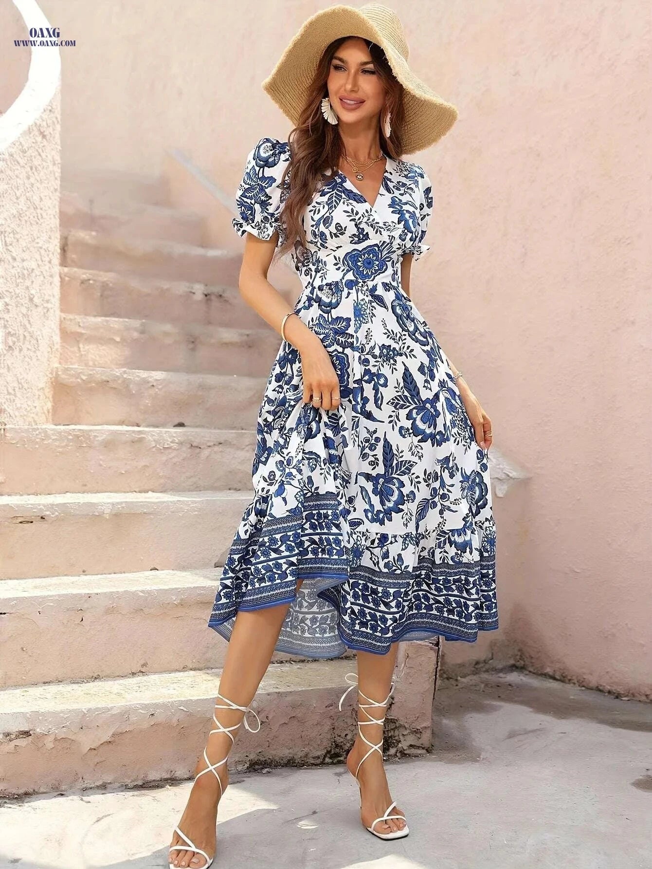Elegant Floral Print A-Line Dress - Short Sleeve Midi Dress   OAXG 